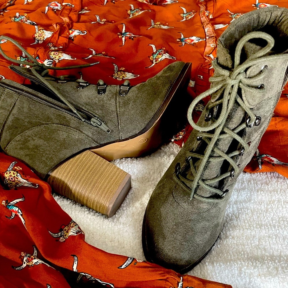 Green feaux suede heeled ankle boots